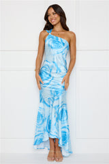 After Dark Allure One Shoulder Satin Maxi Dress Blue