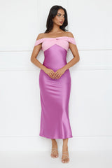 Luxe And Lavish Off Shoulder Satin Maxi Dress Purple