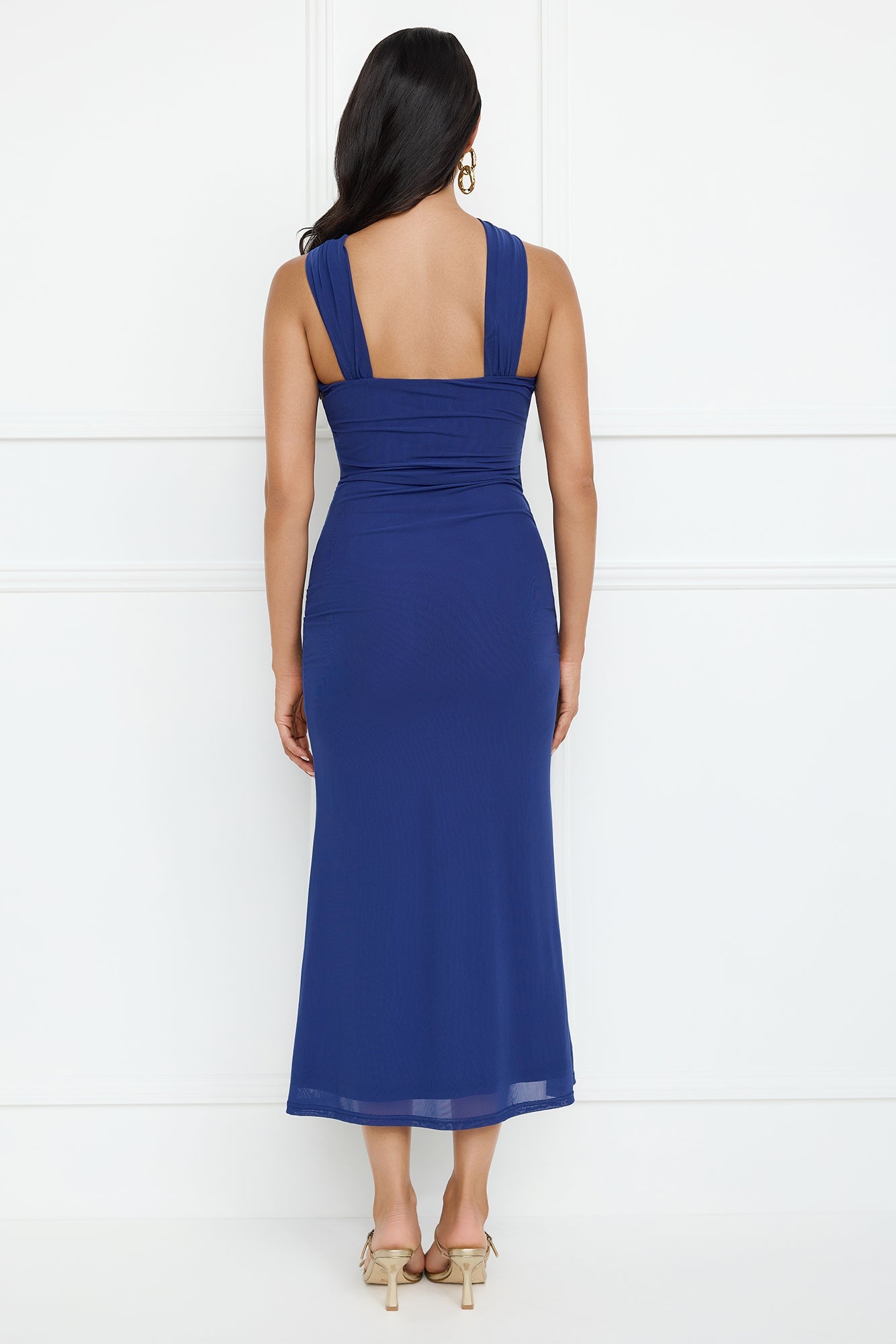Nightlife Chic One Shoulder Mesh Midi Dress Blue