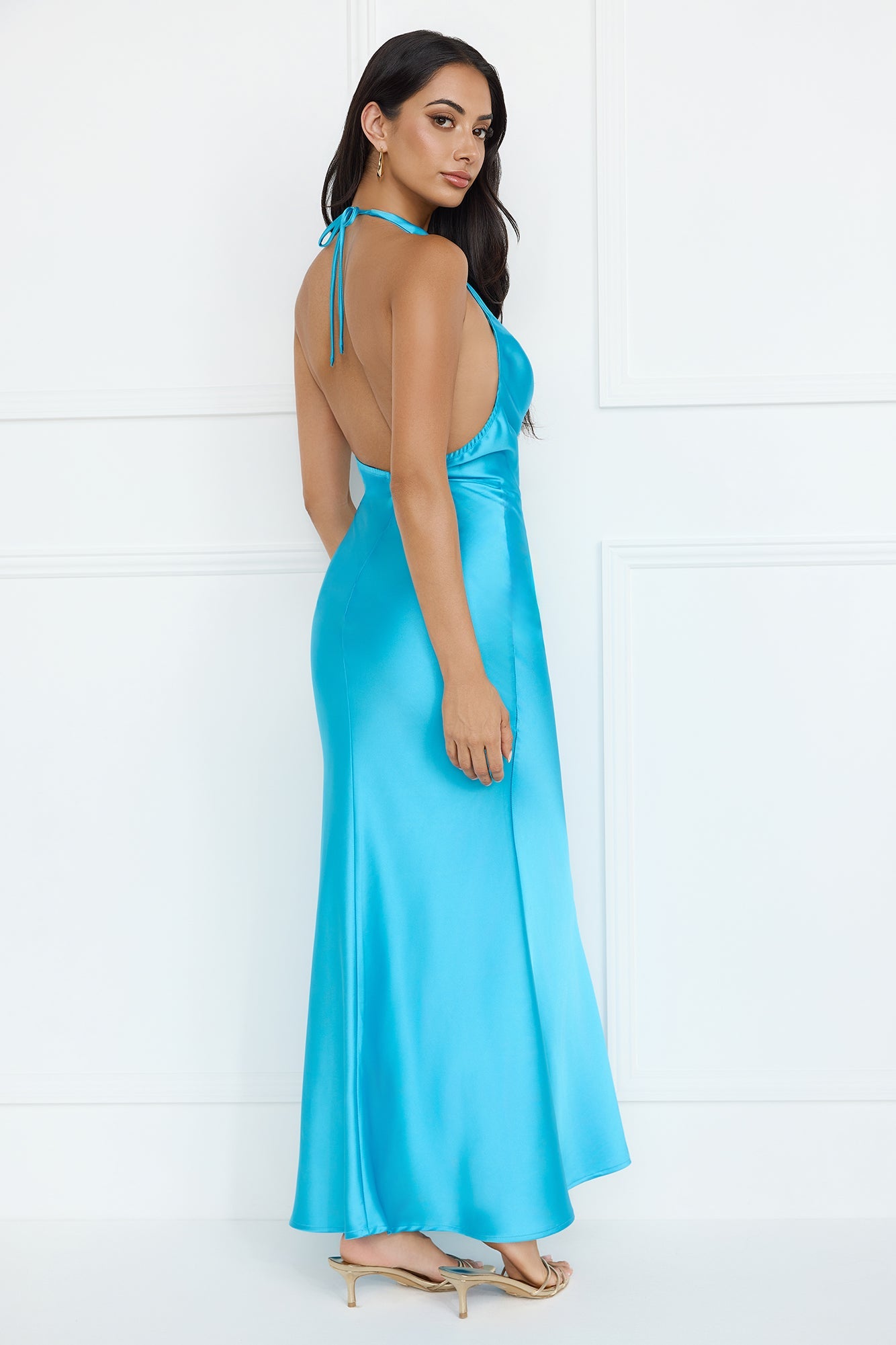 High Sheen Halter Maxi Dress Blue