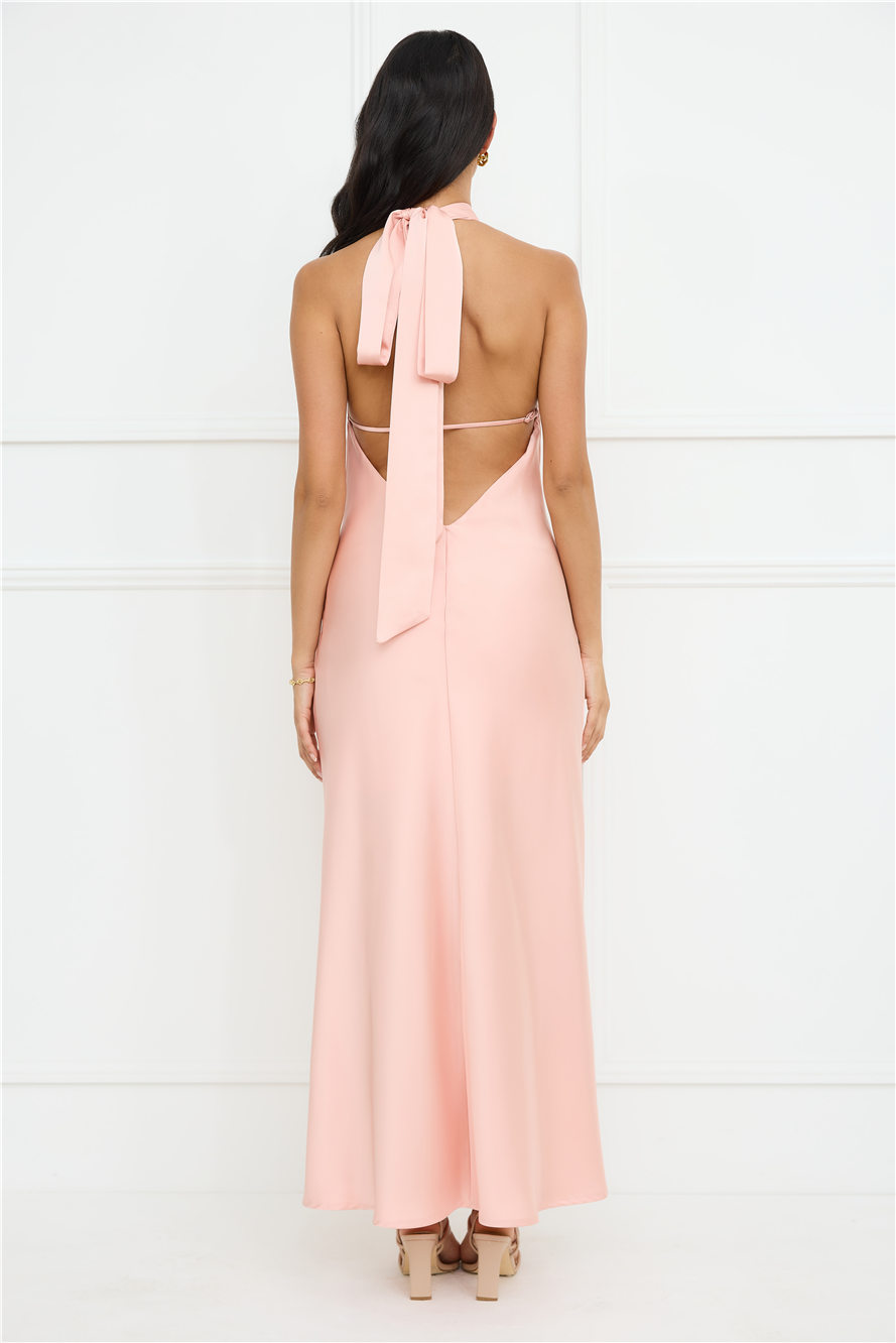 Delicate Dazzle Halter Satin Maxi Dress Peach
