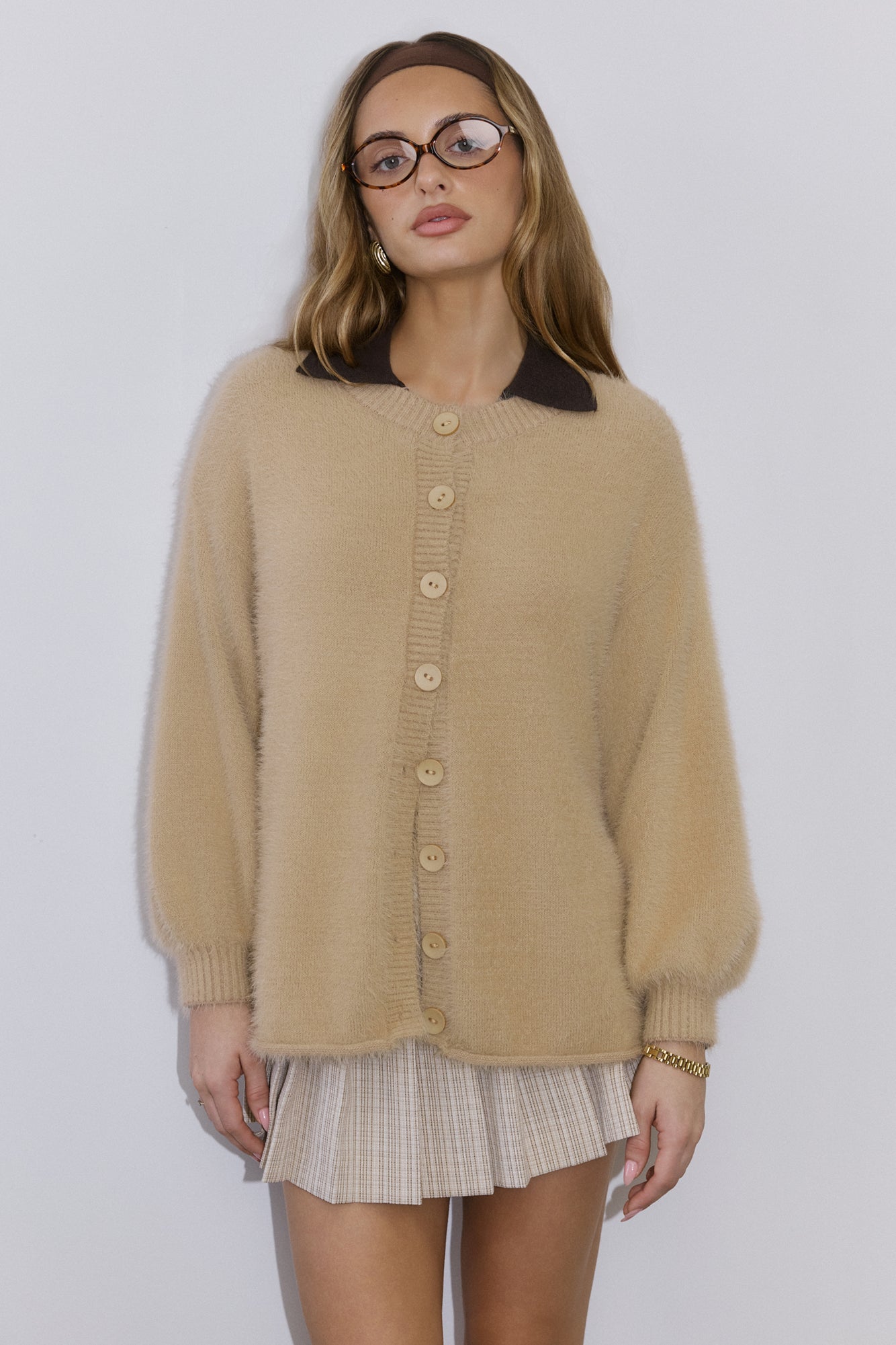Crisp Snowfall Longline Fluffy Cardigan Tan