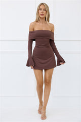 Explain Everything Off Shoulder Mini Dress Brown