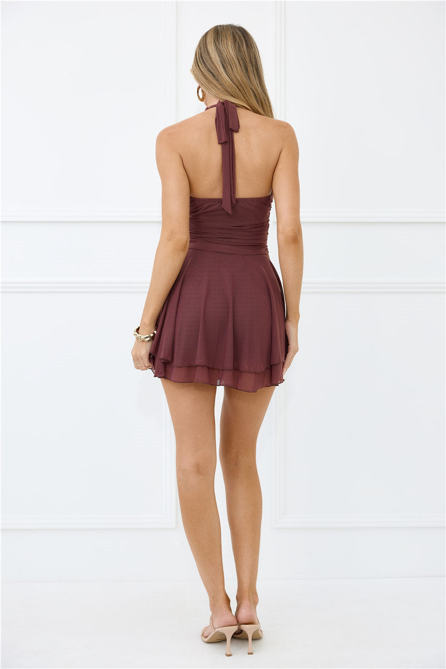 Kiss Me Later Halter Mesh Romper Brown