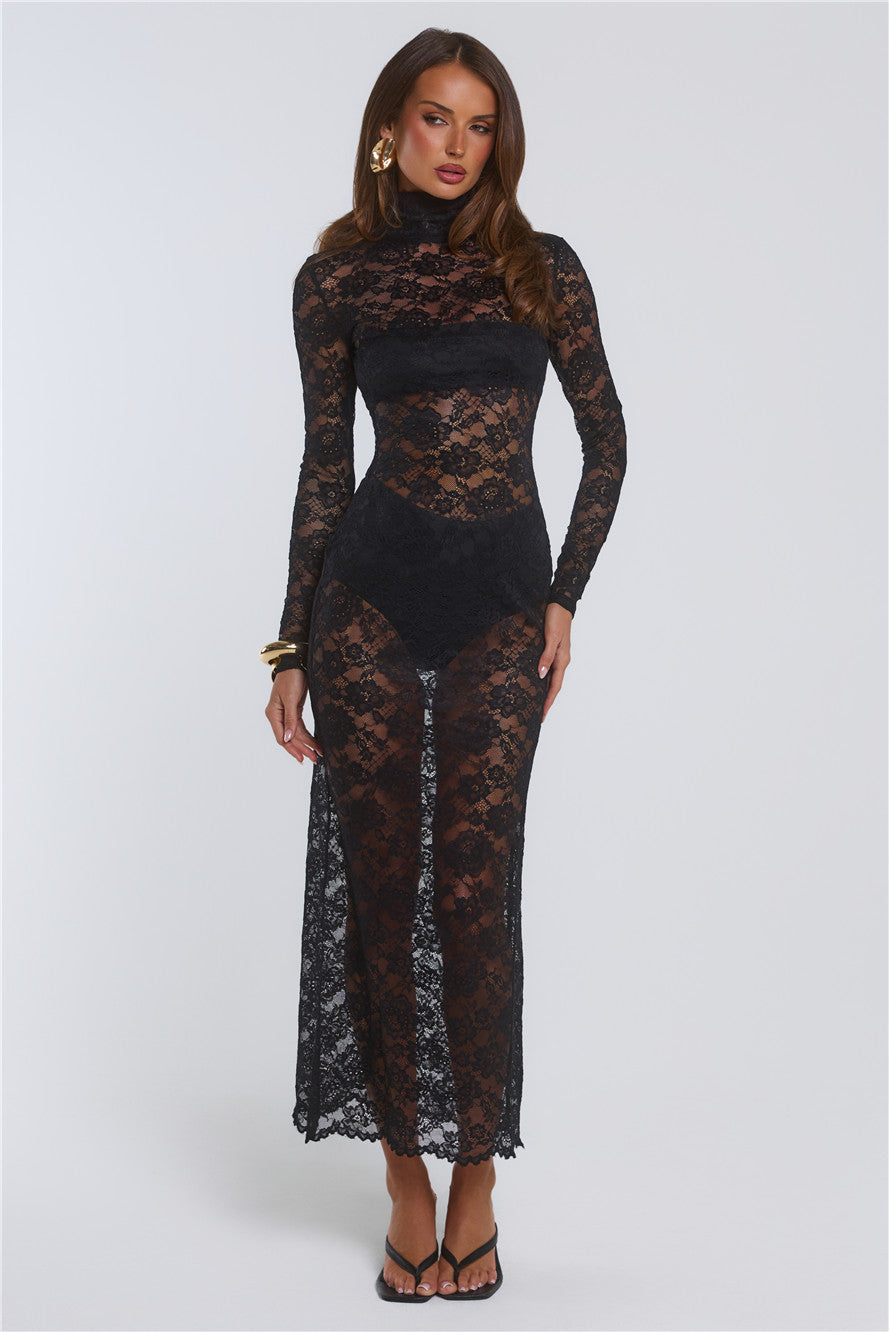 Intricate Charm Sheer Lace Long Sleeve Maxi Dress Black