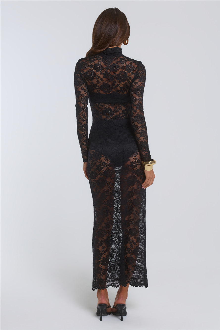 Intricate Charm Sheer Lace Long Sleeve Maxi Dress Black