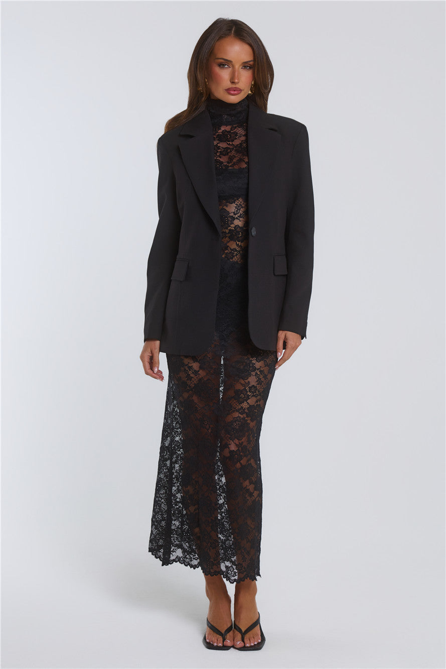 Intricate Charm Sheer Lace Long Sleeve Maxi Dress Black