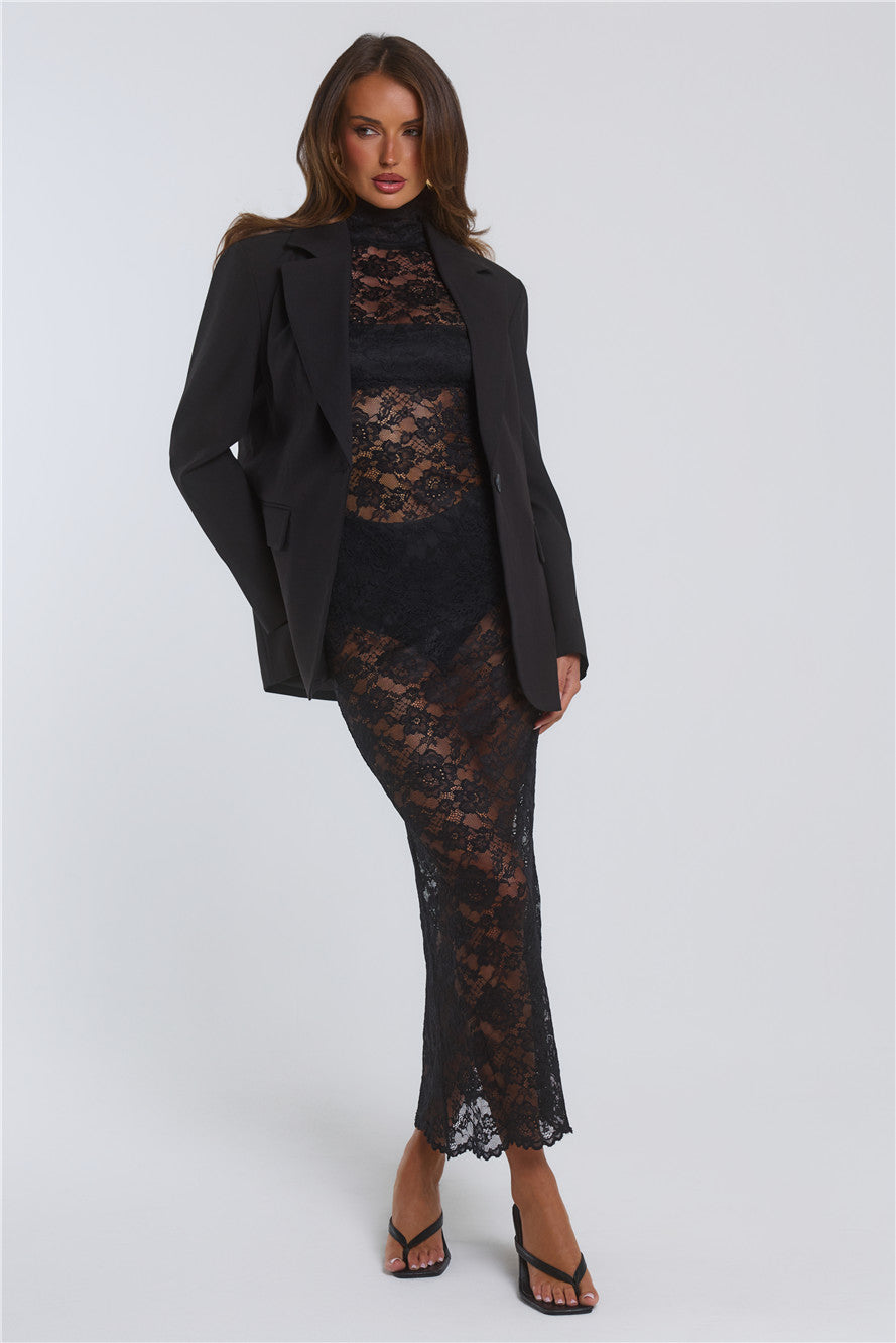 Intricate Charm Sheer Lace Long Sleeve Maxi Dress Black