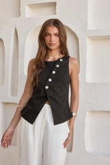 Days In Linen Blend Top Black