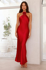Admired By All Satin Halter Maxi Dress Red