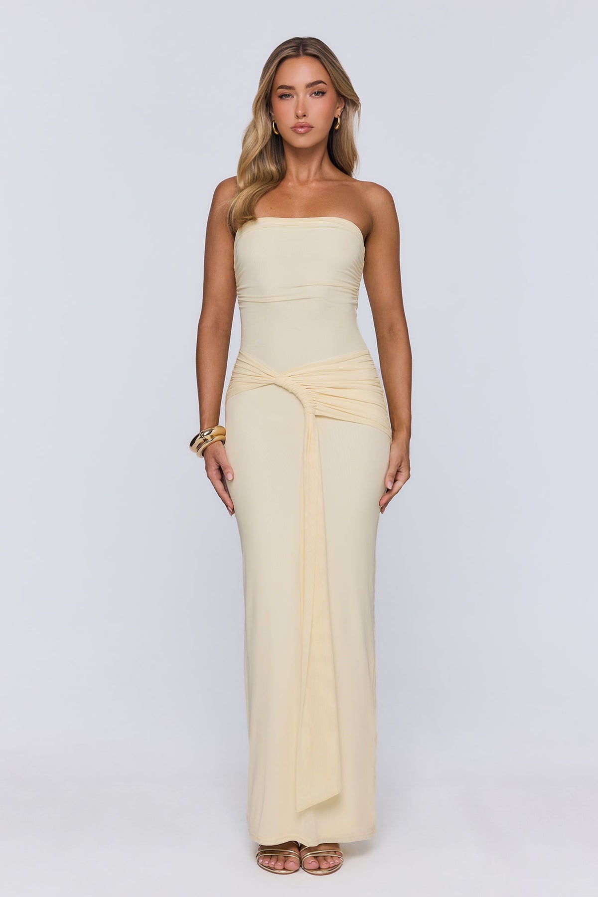 Gentle Statement Mesh Strapless Maxi Dress Yellow