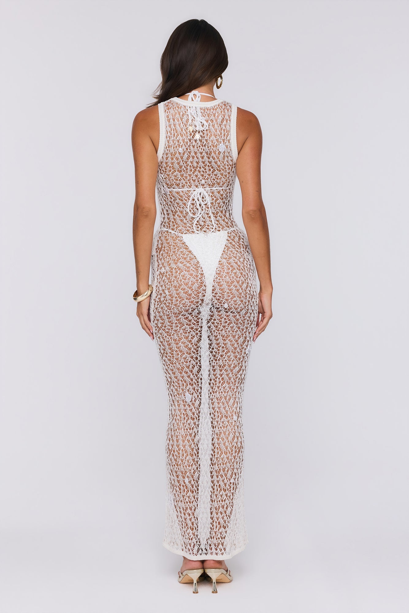Main Event Ready Crochet Pearl Sheer Maxi Dress Cream