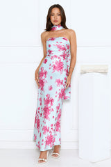 Bloom Pop Satin Strapless Maxi Dress Blue