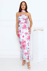 Bloom Pop Satin Strapless Maxi Dress Blue