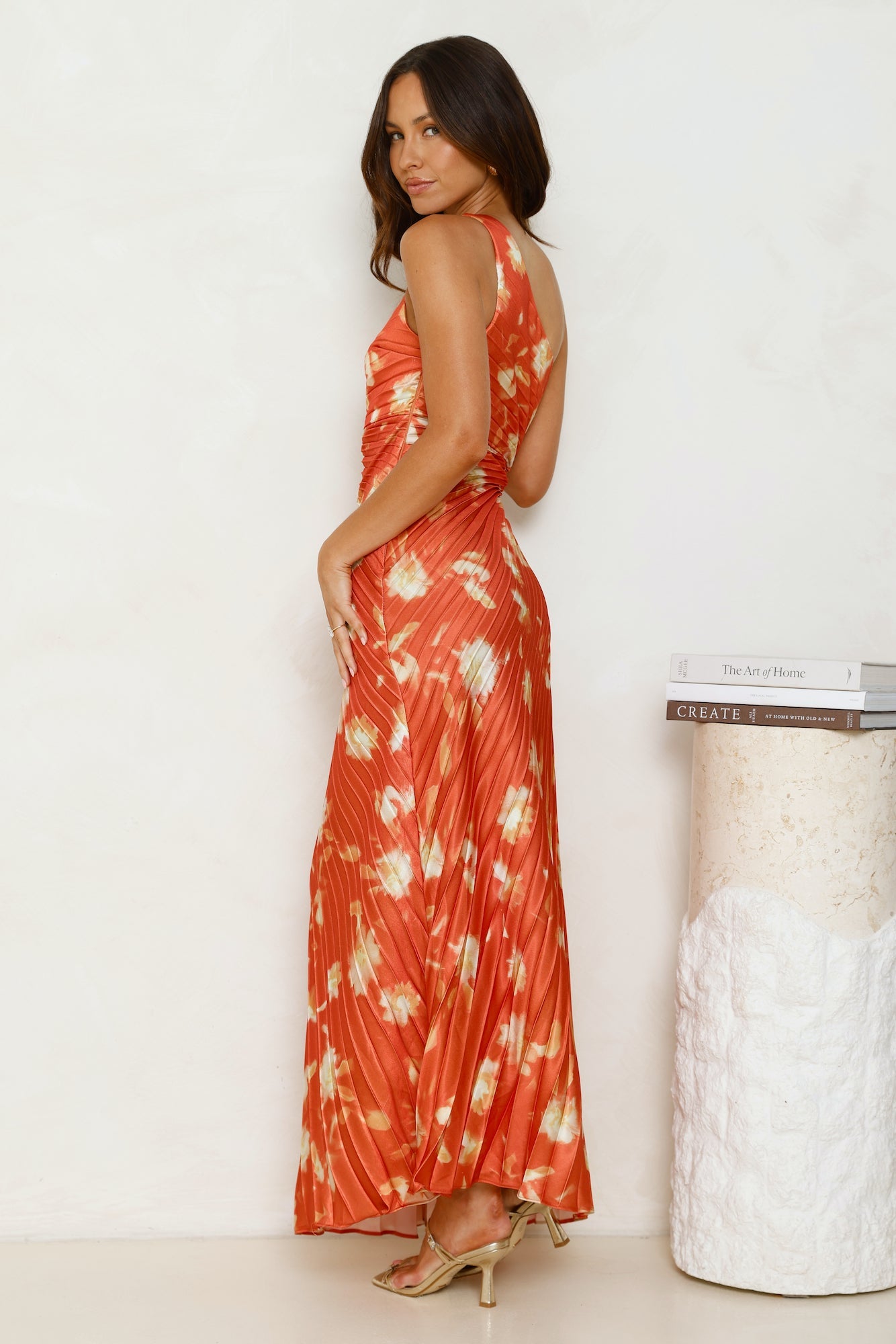 Golden Touch Satin One Shoulder Maxi Dress Rust