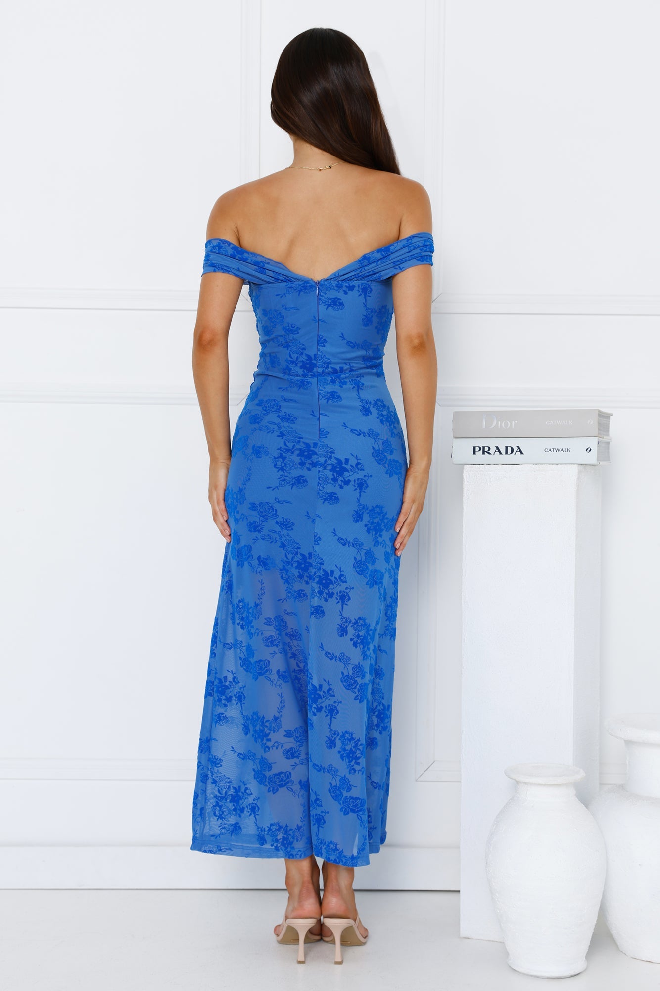Girly Luxe Off Shoulder Mesh Maxi Dress Blue