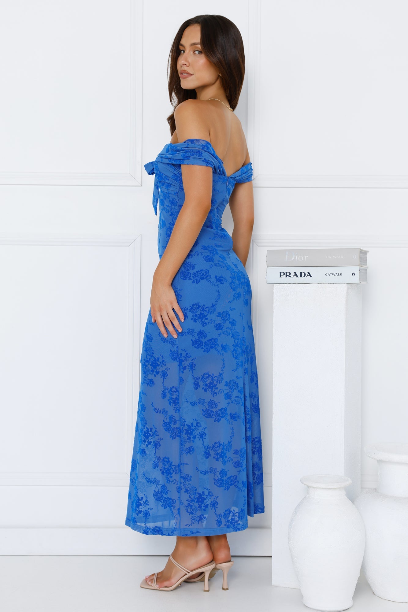 Girly Luxe Off Shoulder Mesh Maxi Dress Blue