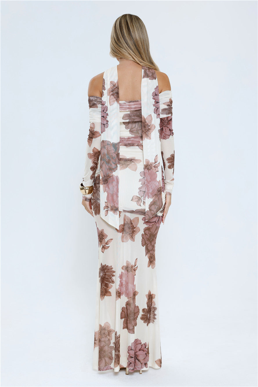 Garden Haze Off Shoulder Mesh Maxi Dress Floral