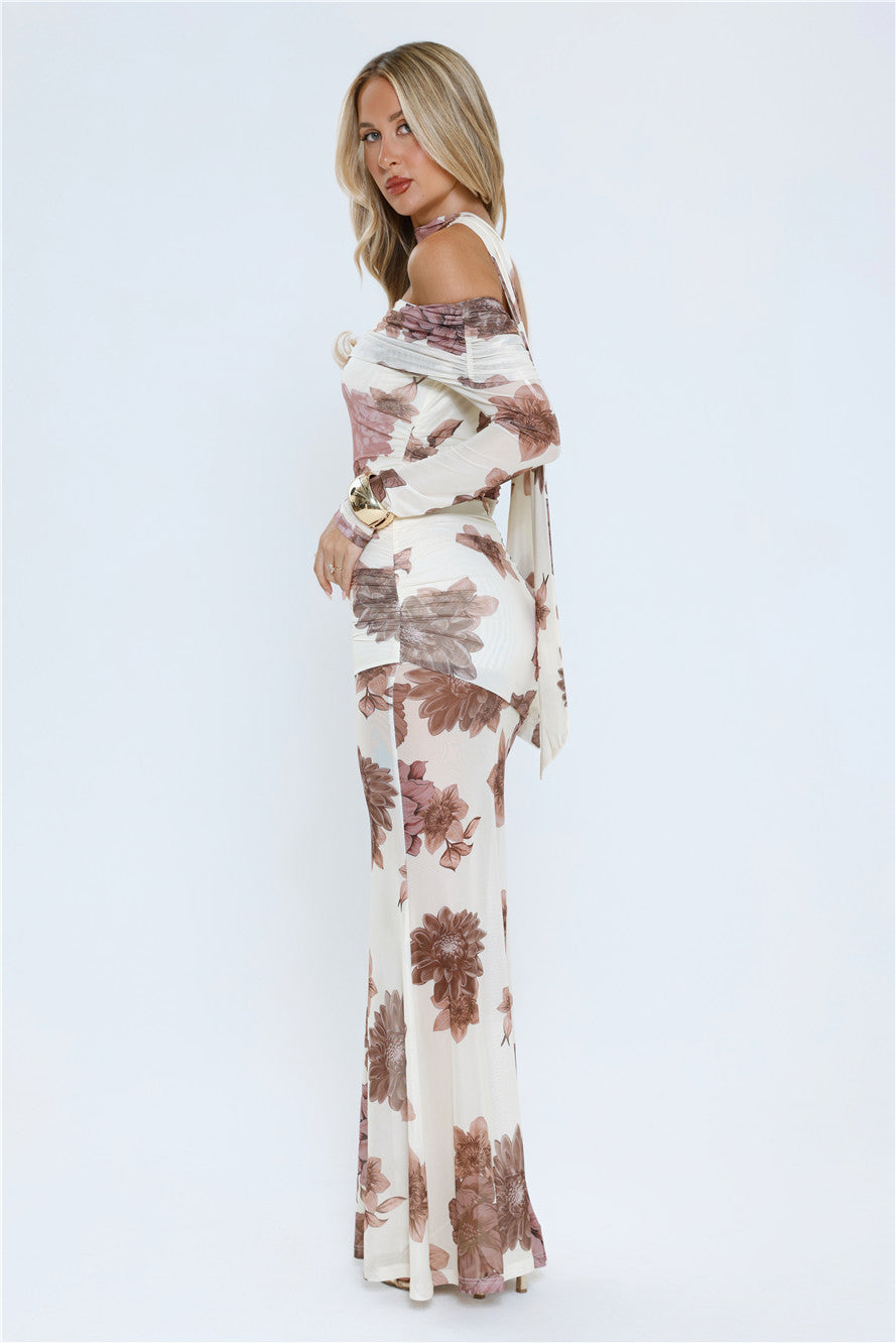 Garden Haze Off Shoulder Mesh Maxi Dress Floral
