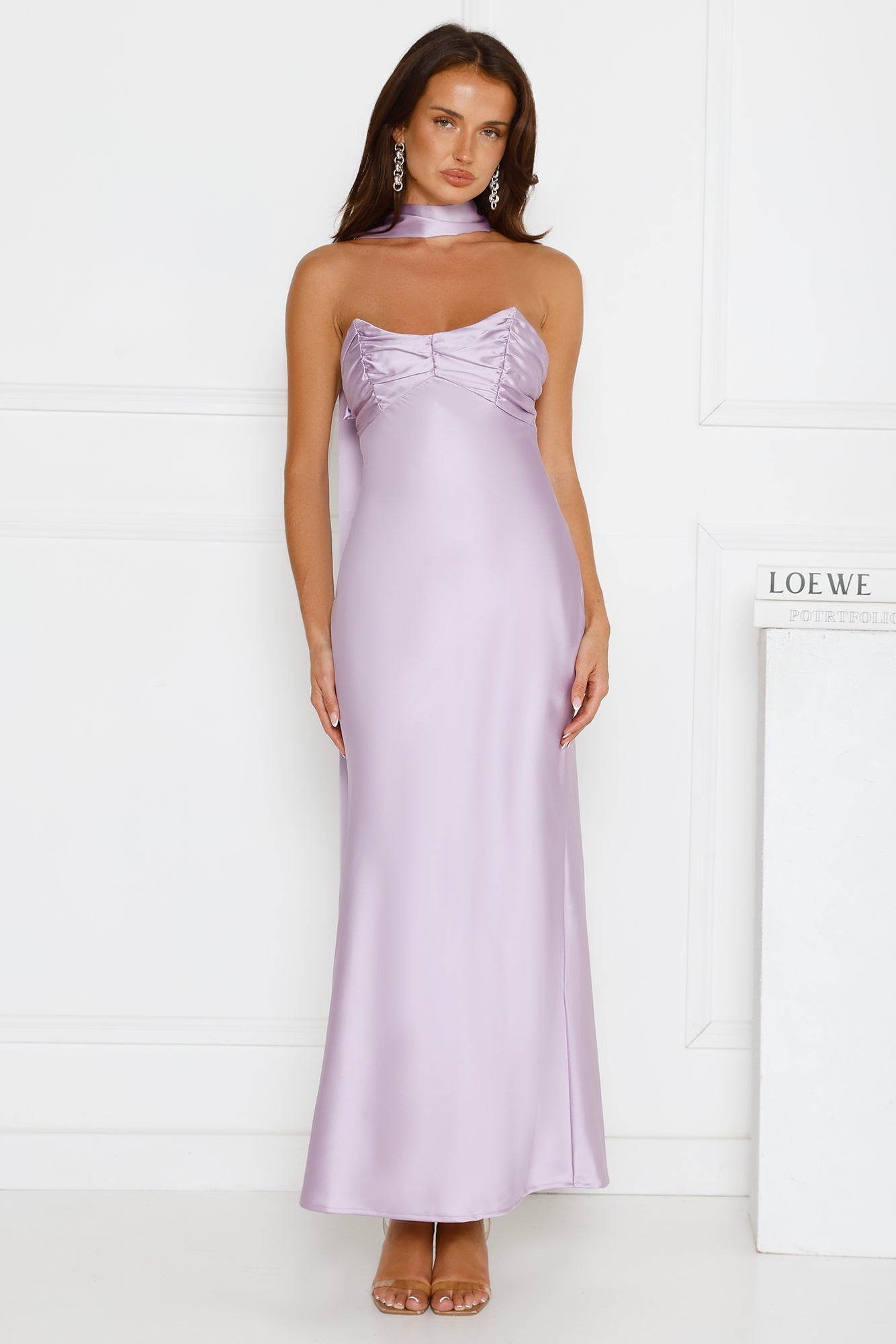 Be Noticed Strapless Satin Maxi Dress Lilac