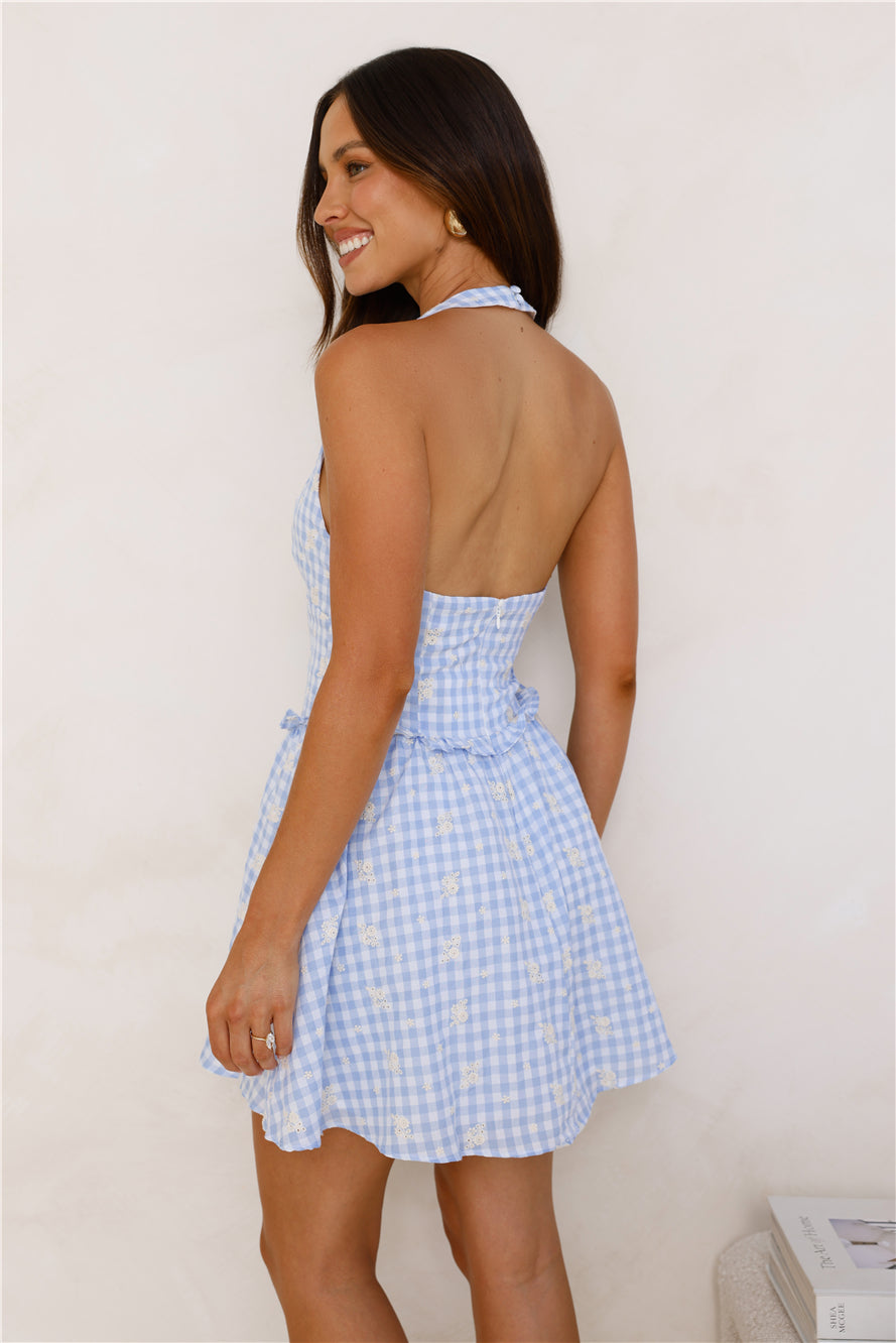 Cloudlike Charm Gingham Halter Mini Dress Blue