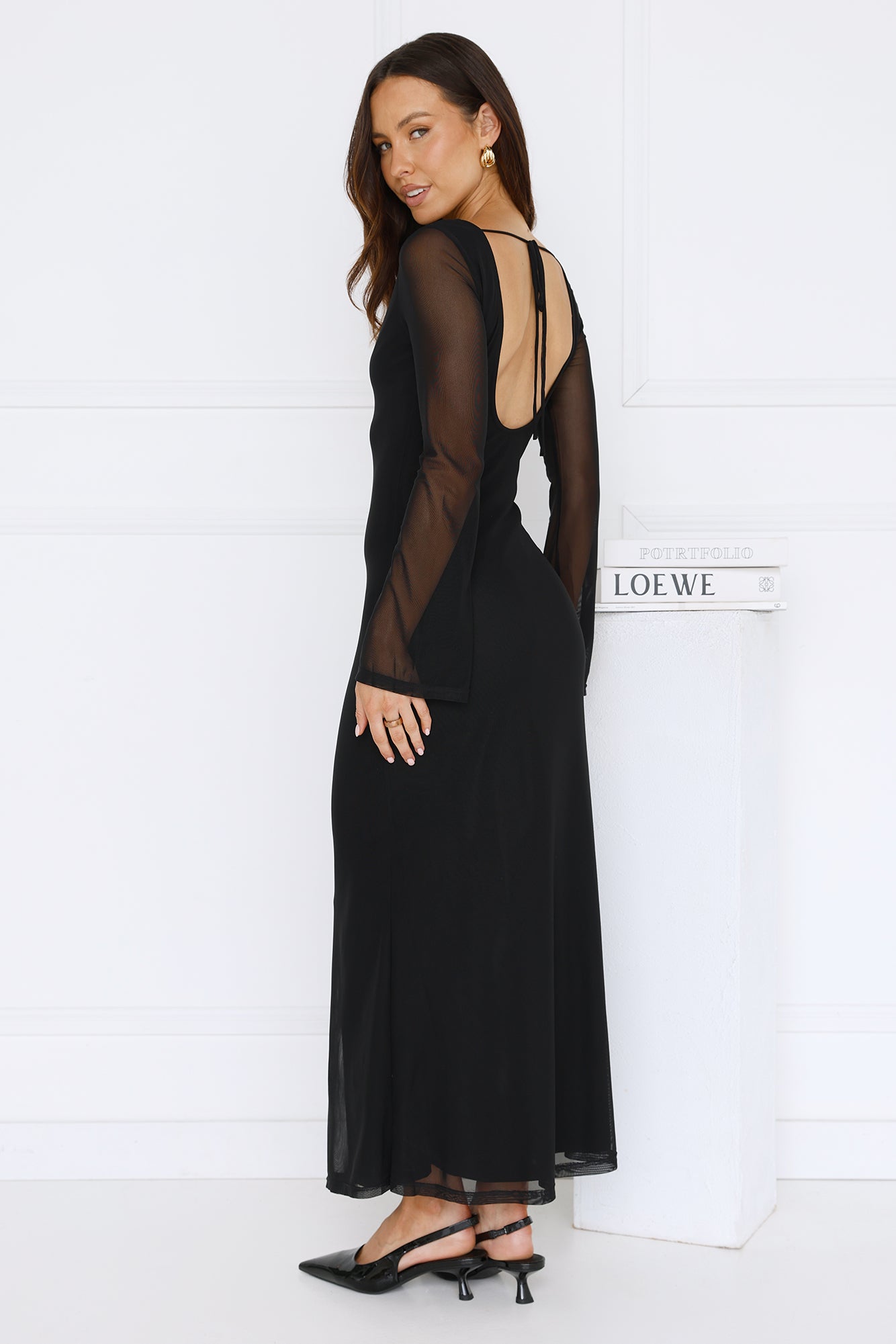 Golden Flower Mesh Long Sleeve Maxi Dress Black