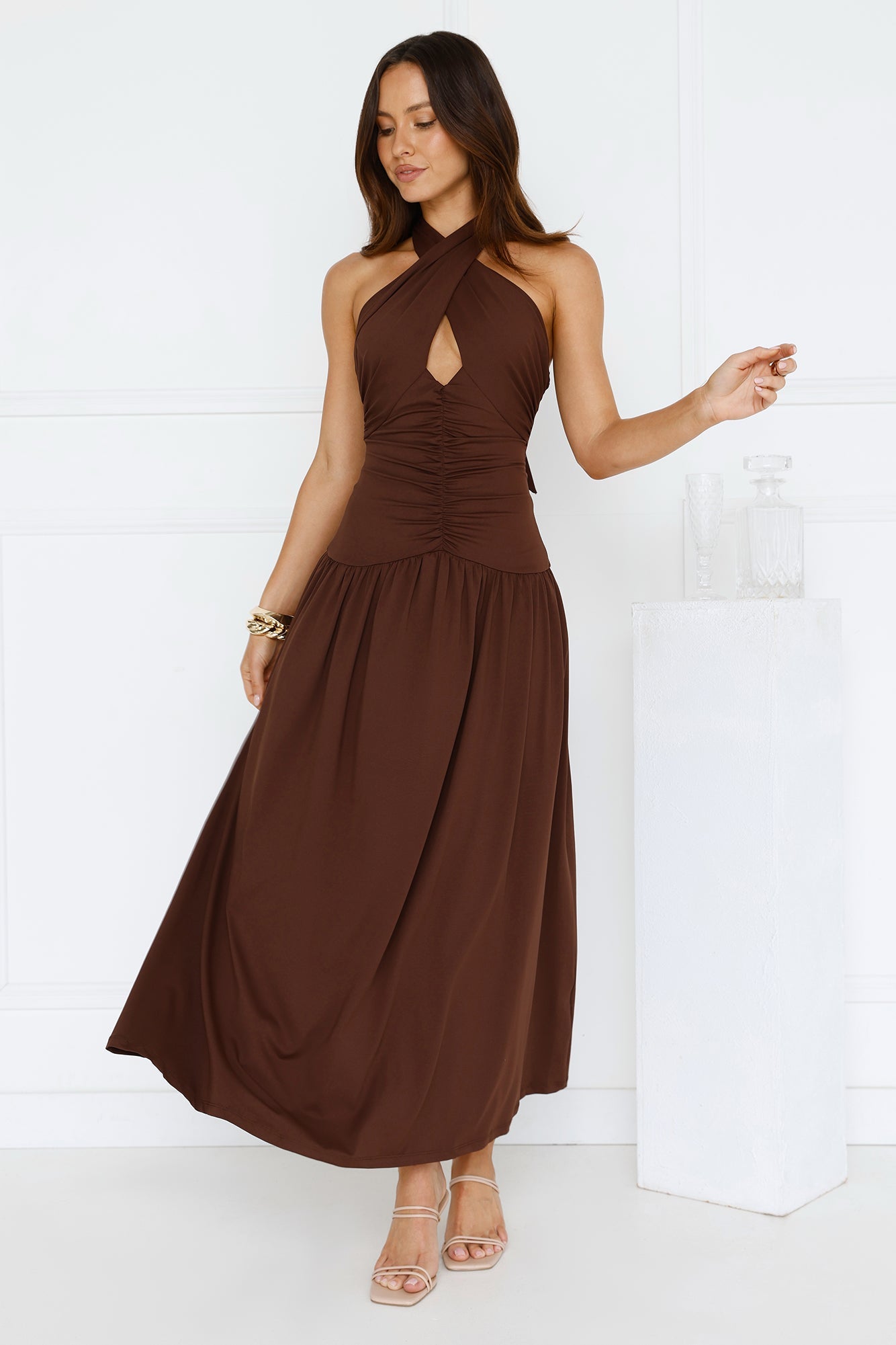 Enchanted Mirage Halter Maxi Dress Brown