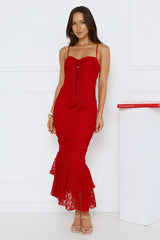 Frosted Rose Mesh Midi Dress Red
