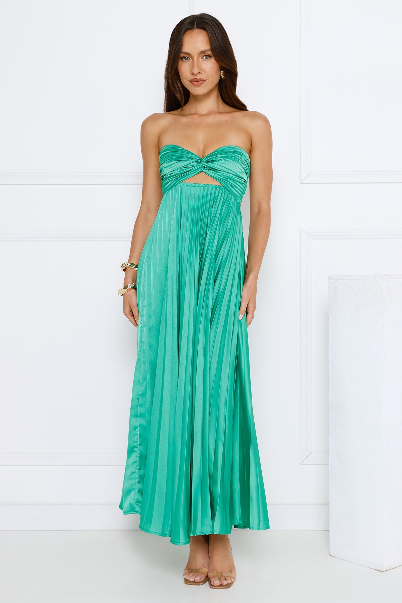 Clouds Of Love Strapless Pleated Maxi Dress Green