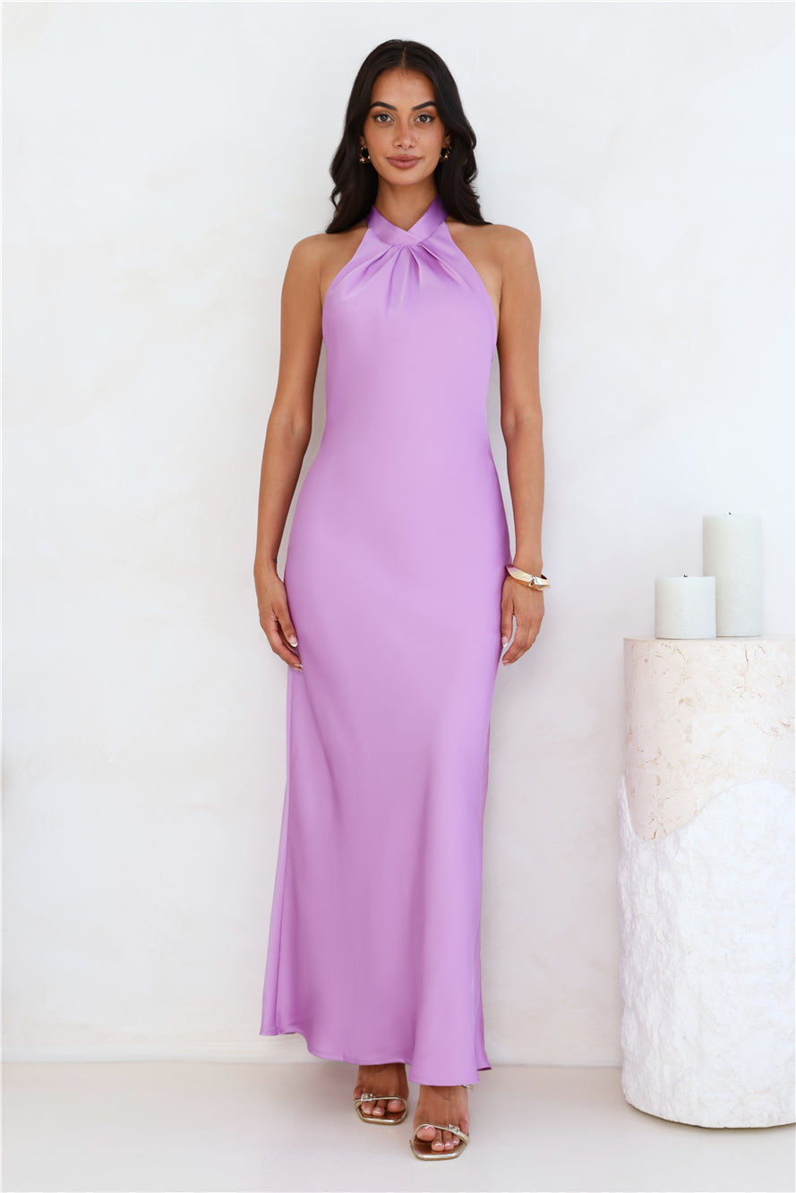 Delicate Dazzle Halter Satin Maxi Dress Purple