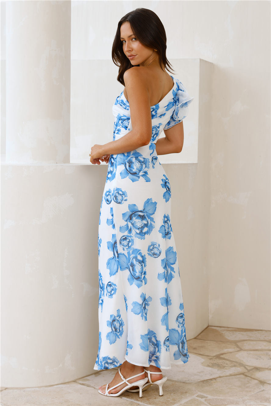 Crystal Crush One Shoulder Maxi Dress Blue