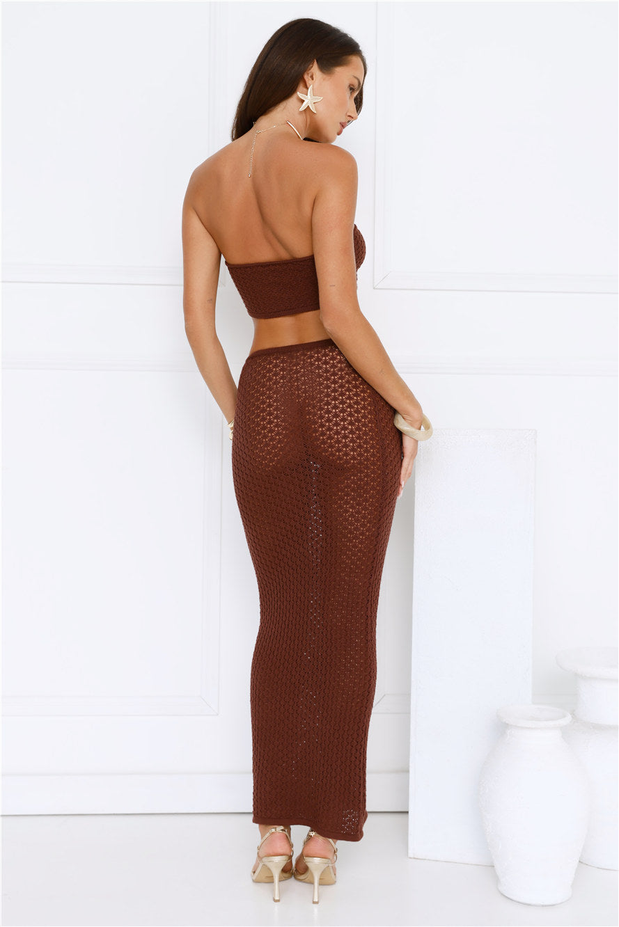 Moonlit Shores Strapless Crochet Crop Top Chocolate