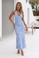 Coconut Whirl Halter Maxi Dress Blue