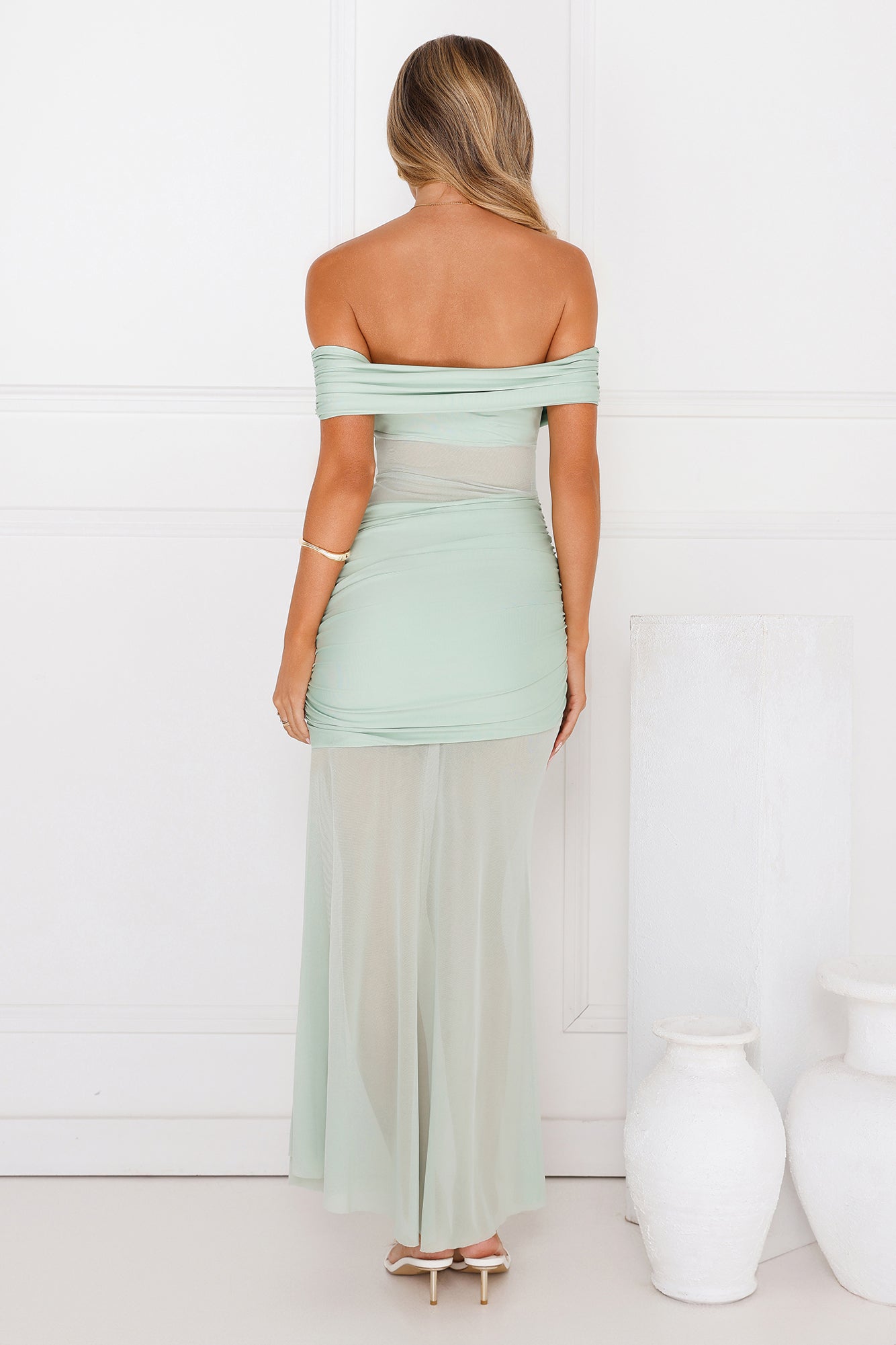 Dewdrop Dream Off Shoulder Mesh Maxi Dress Sage