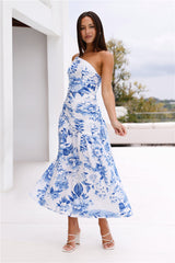 Fleur Enchantée One Shoulder Midi Dress Blue