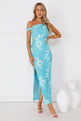Billions Off Shoulder Mesh Maxi Dress Aqua