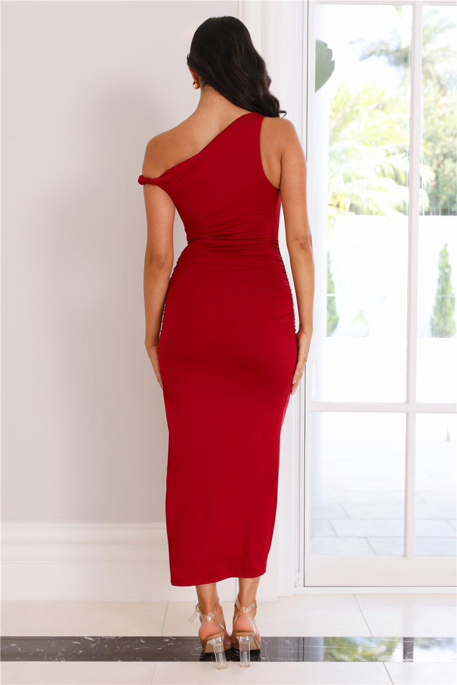 High Society Off Shoulder Midi Dress Red