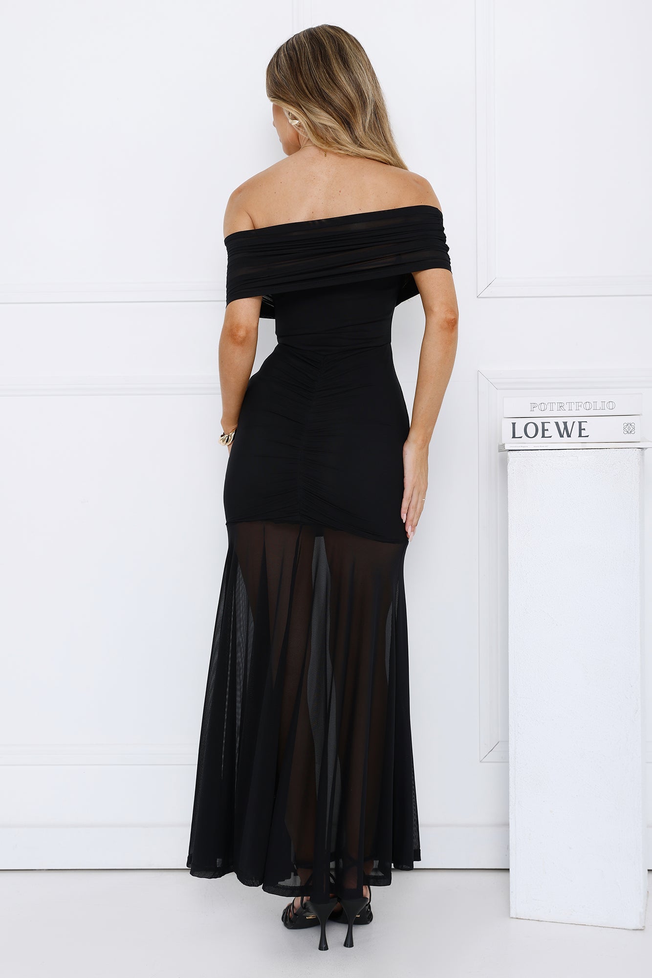 Lumière Off Shoulder Mesh Maxi Dress Black