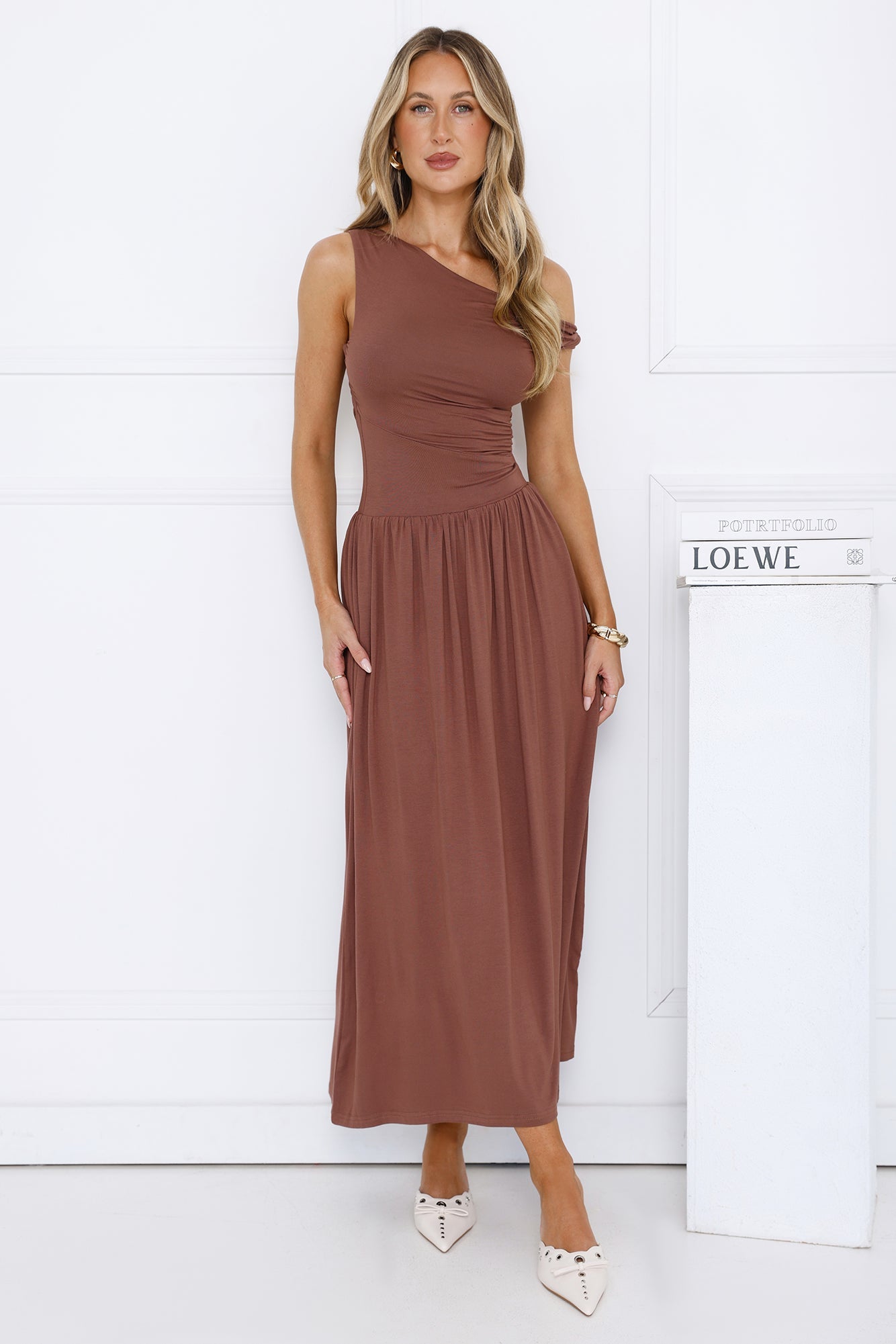 Coastal Daydream Off Shoulder Midi Dress Brown