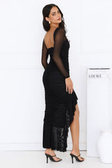 Fashion Exhibition Long Sleeve Mesh Maxi Dress Black