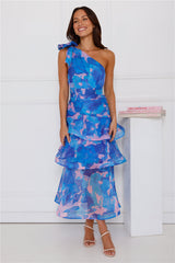 Garden Aura One Shoulder Midi Dress Blue