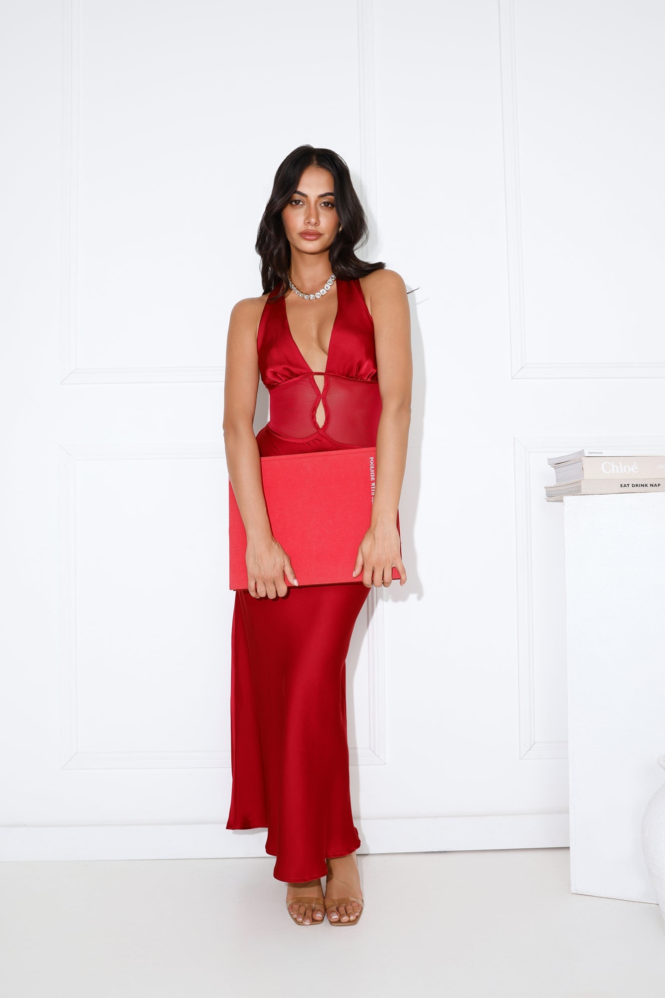 Flowers For Myself Satin Halter Maxi Dress Maroon