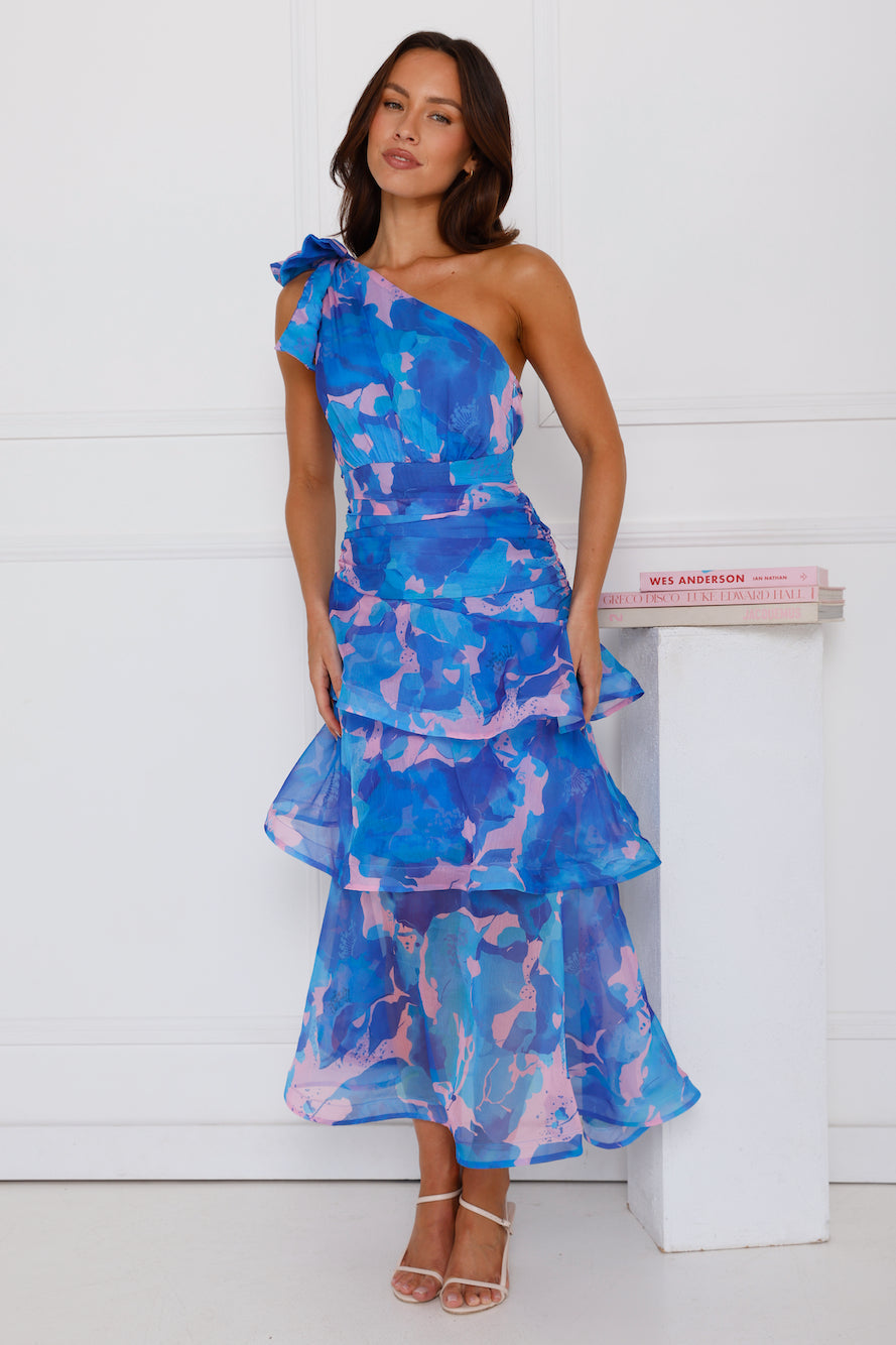 Garden Aura One Shoulder Midi Dress Blue