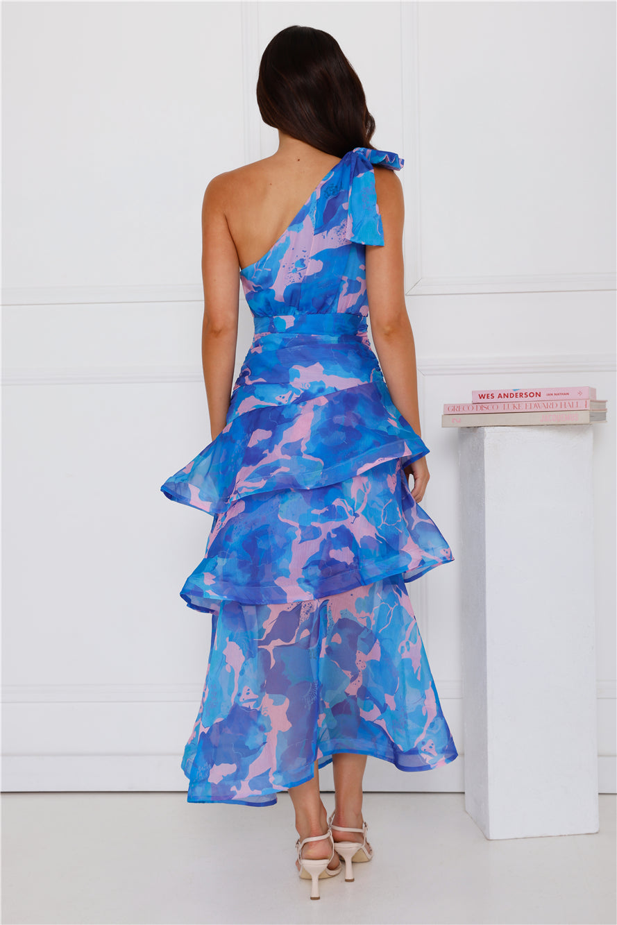 Garden Aura One Shoulder Midi Dress Blue