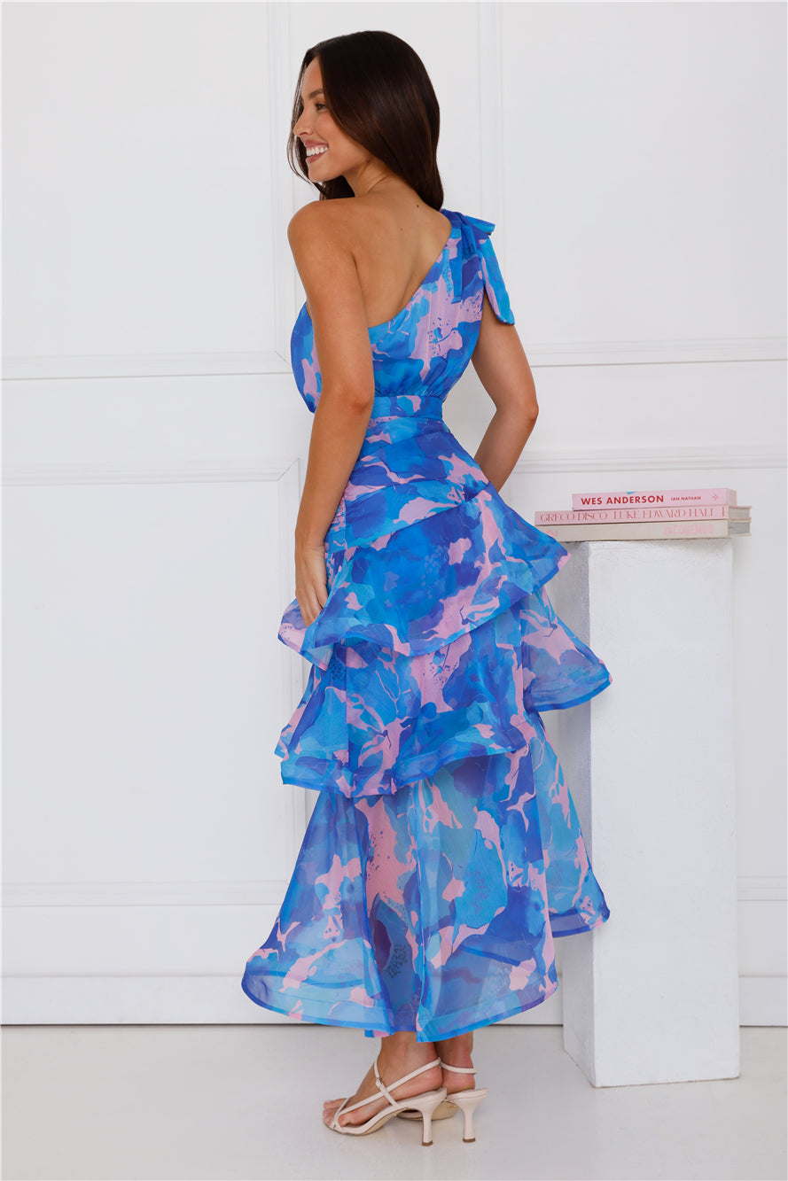 Garden Aura One Shoulder Midi Dress Blue