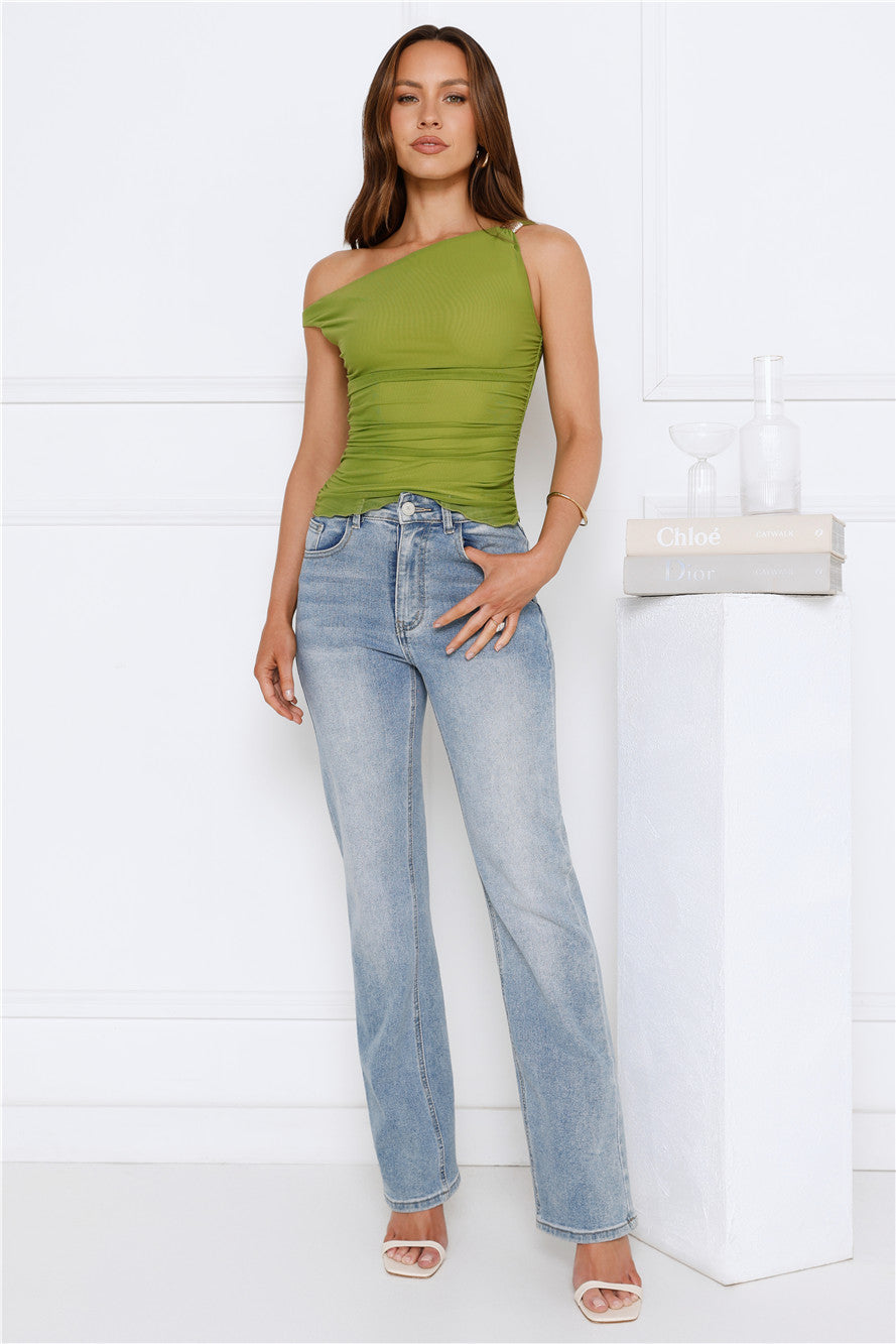 Fun In Motion Mesh Off Shoulder Top Olive