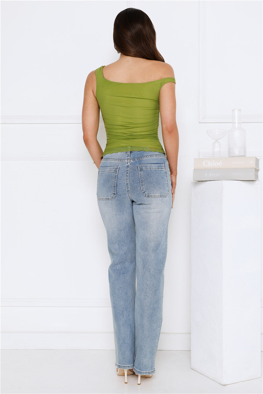 Fun In Motion Mesh Off Shoulder Top Olive