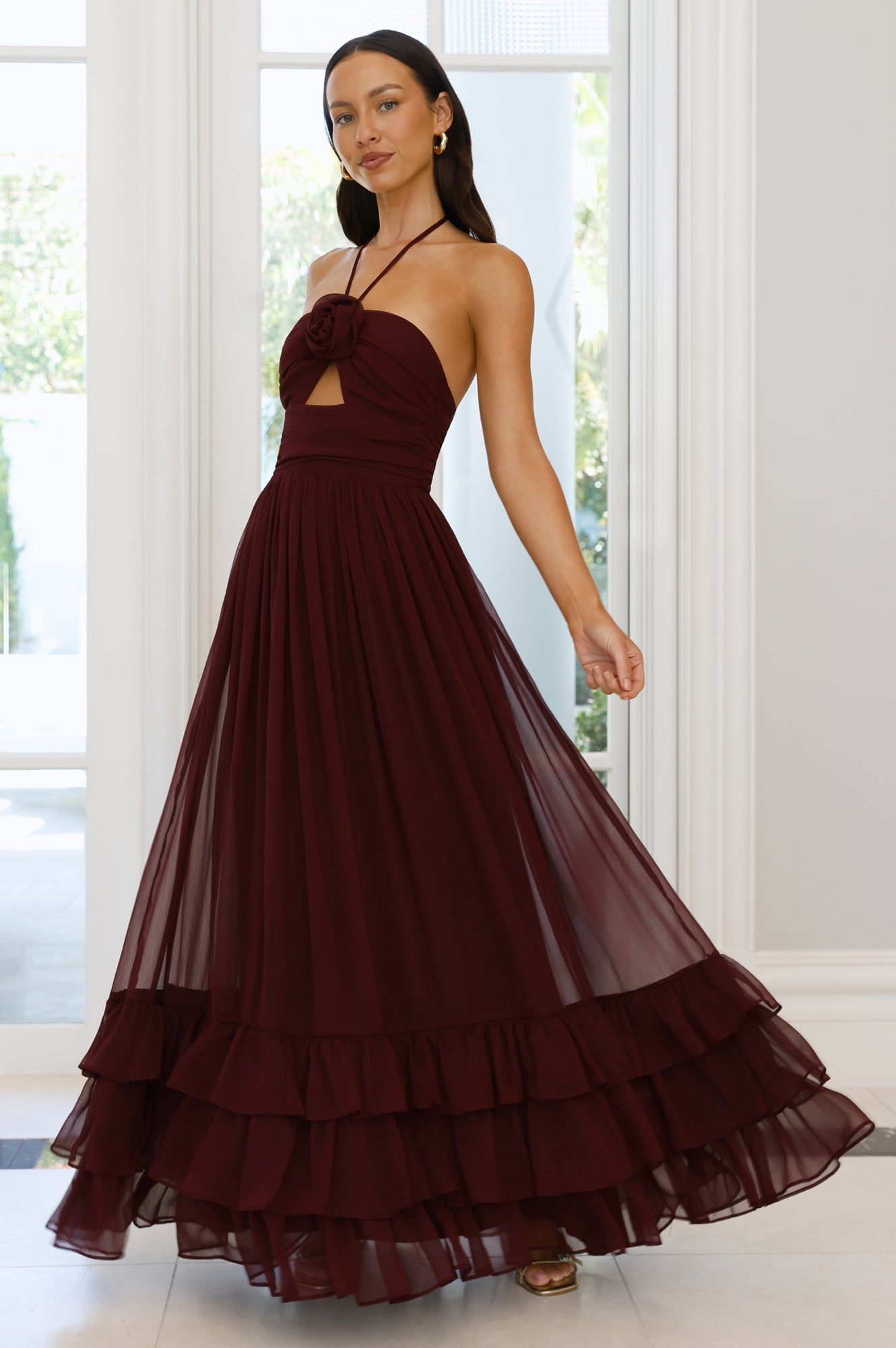 Enchanted Bloom Halter Maxi Dress Maroon