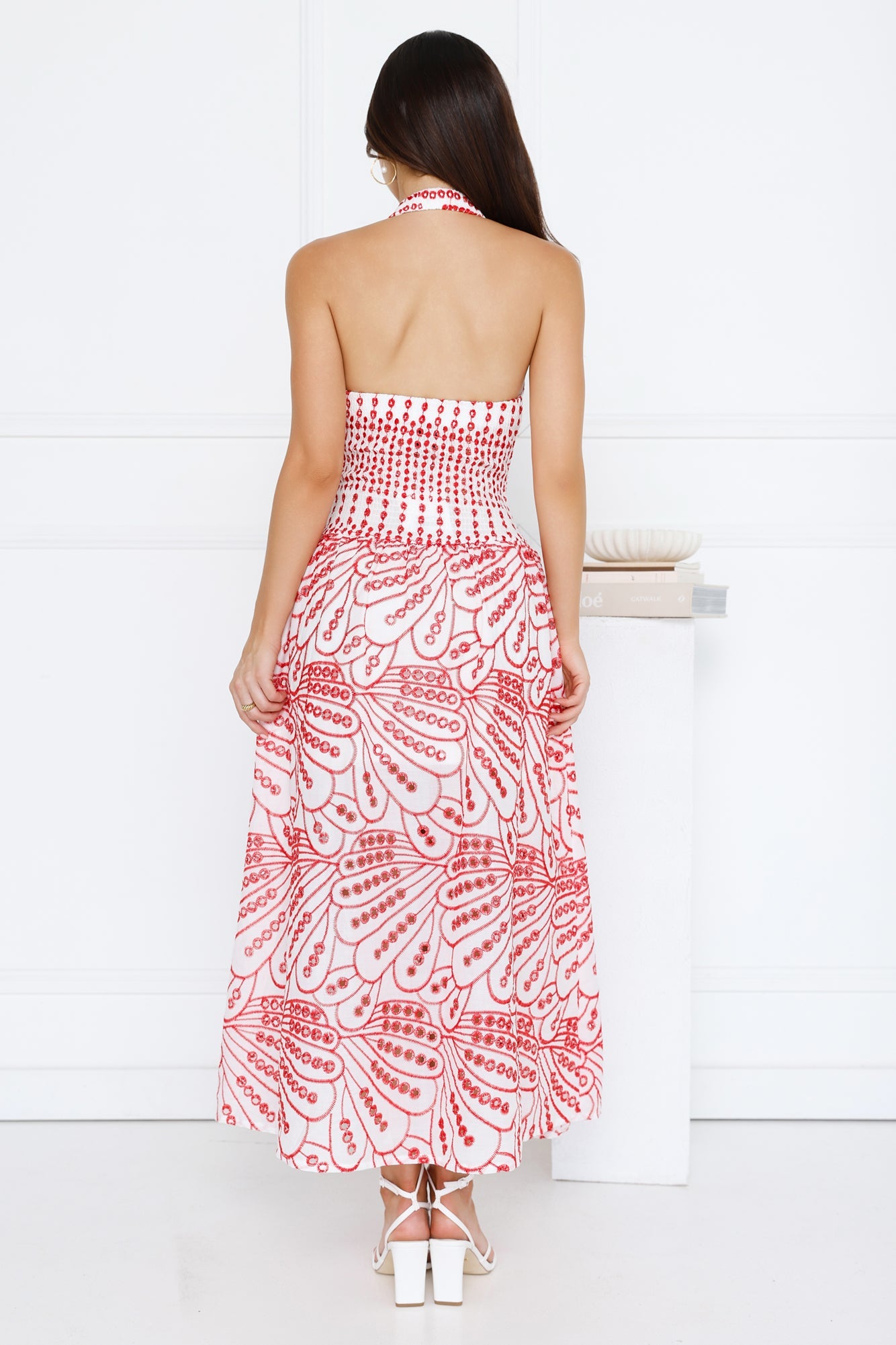 Leona Halter Embroidered Maxi Dress Red