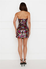 Floral Glitter Sequin Strapless Mini Dress Black